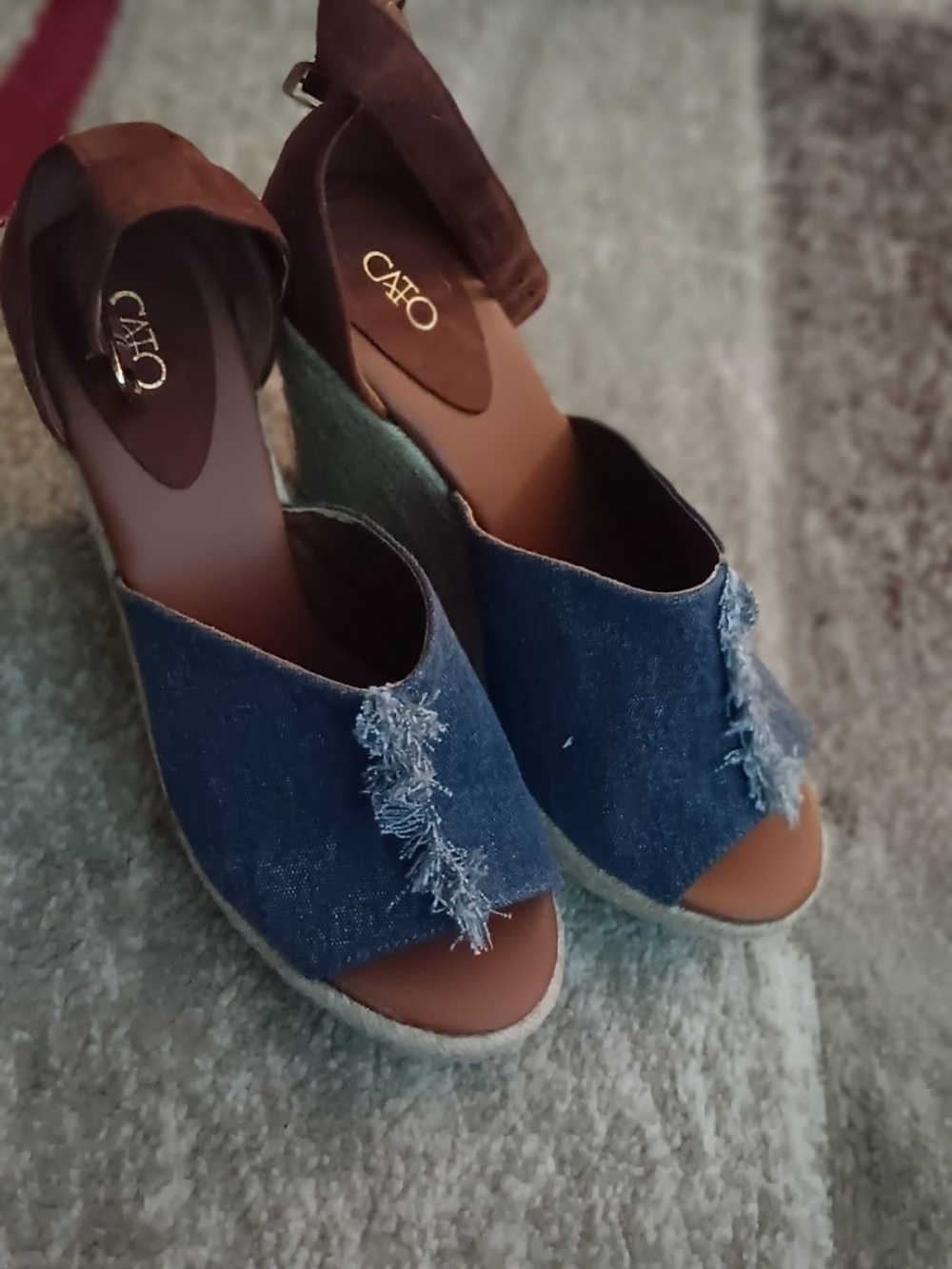 Cato Denim Frayed Open-Toe Wedge Sandals in Blue and Brown
